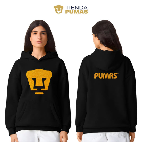 Sudadera Mujer Hoodie Pro Dry Pumas UNAM Logo Dorado Glitter Vinil