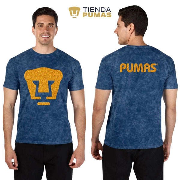 Playera Hombre Mineral Wash Pumas UNAM Logo Dorado Glitter Vinil