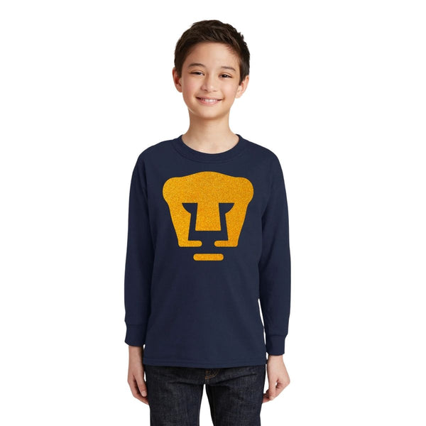 Playera M Larga Niños Pumas UNAM Logo Dorado Glitter Vinil