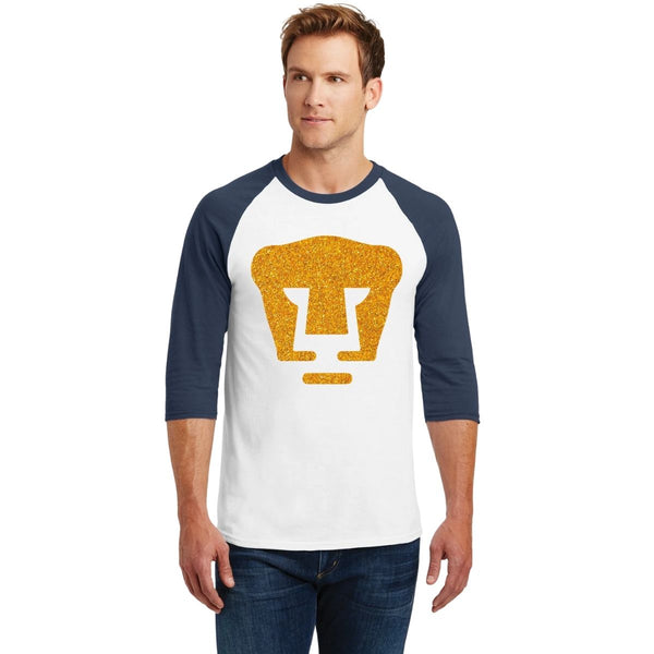 Playera Raglán Manga 3/4 Hombre Pumas UNAM Logo Dorado Glitter Vinil