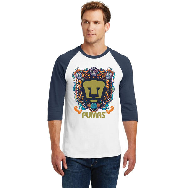 Playera Raglán Manga 3/4 Hombre Pumas UNAM Día de Muertos Celeste